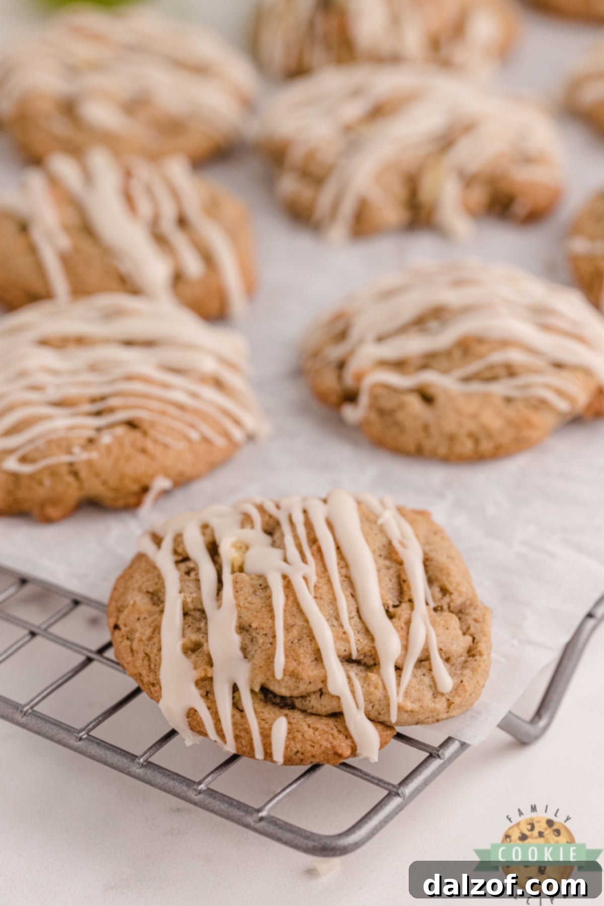 Warm Spiced Apple Cookies with Vanilla Drizzle 6 Vanilla Glazed Spiced Apple Cookies made with lots of spices, fresh apples and walnuts. Soft and chewy cookie recipe that is topped with a simple vanilla glaze.