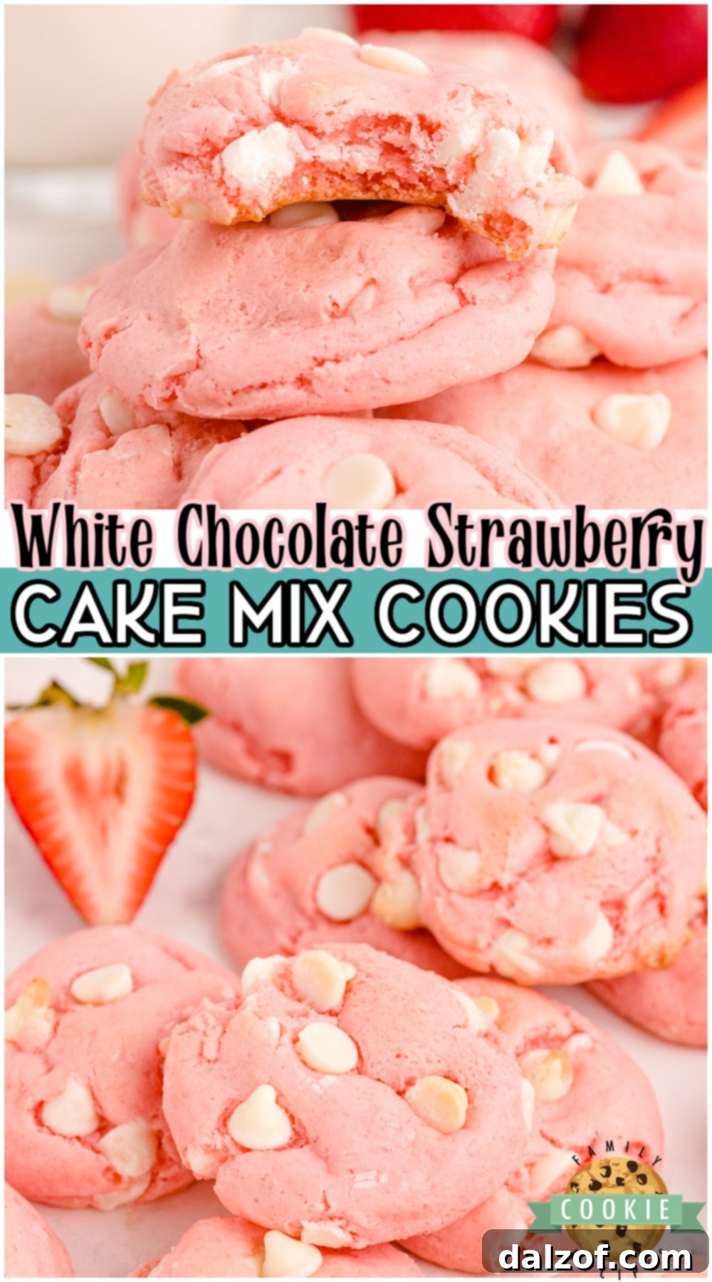 A beautifully arranged stack of White Chocolate Strawberry Cake Mix Cookies with fresh strawberries and a recipe overlay. These are soft & chewy cookies that need just 4 ingredients! A lovely pink Strawberry Cake Mix cookie recipe that needs a cake mix, 2 eggs, oil and white chocolate chips!