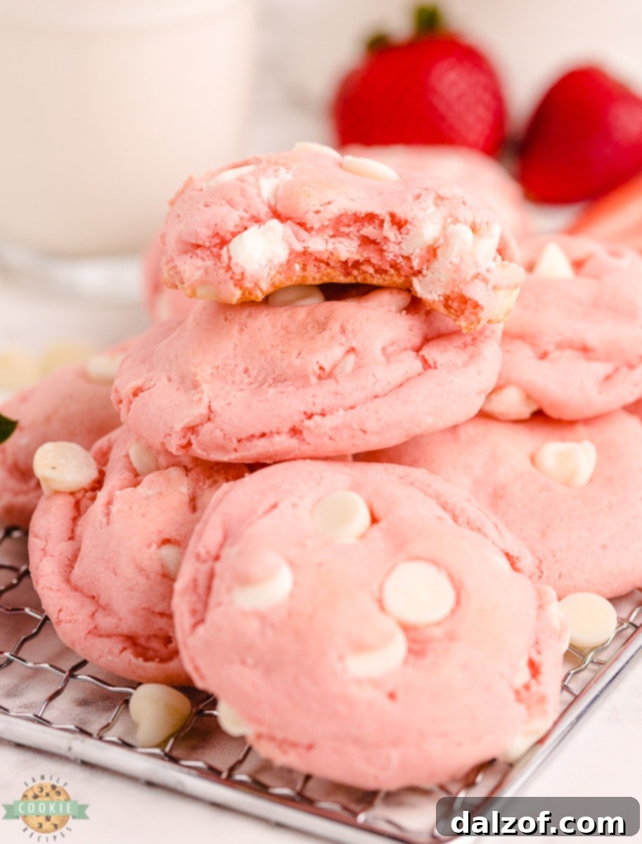 A stack of delicious White Chocolate Strawberry Cake Mix Cookies on a wire rack