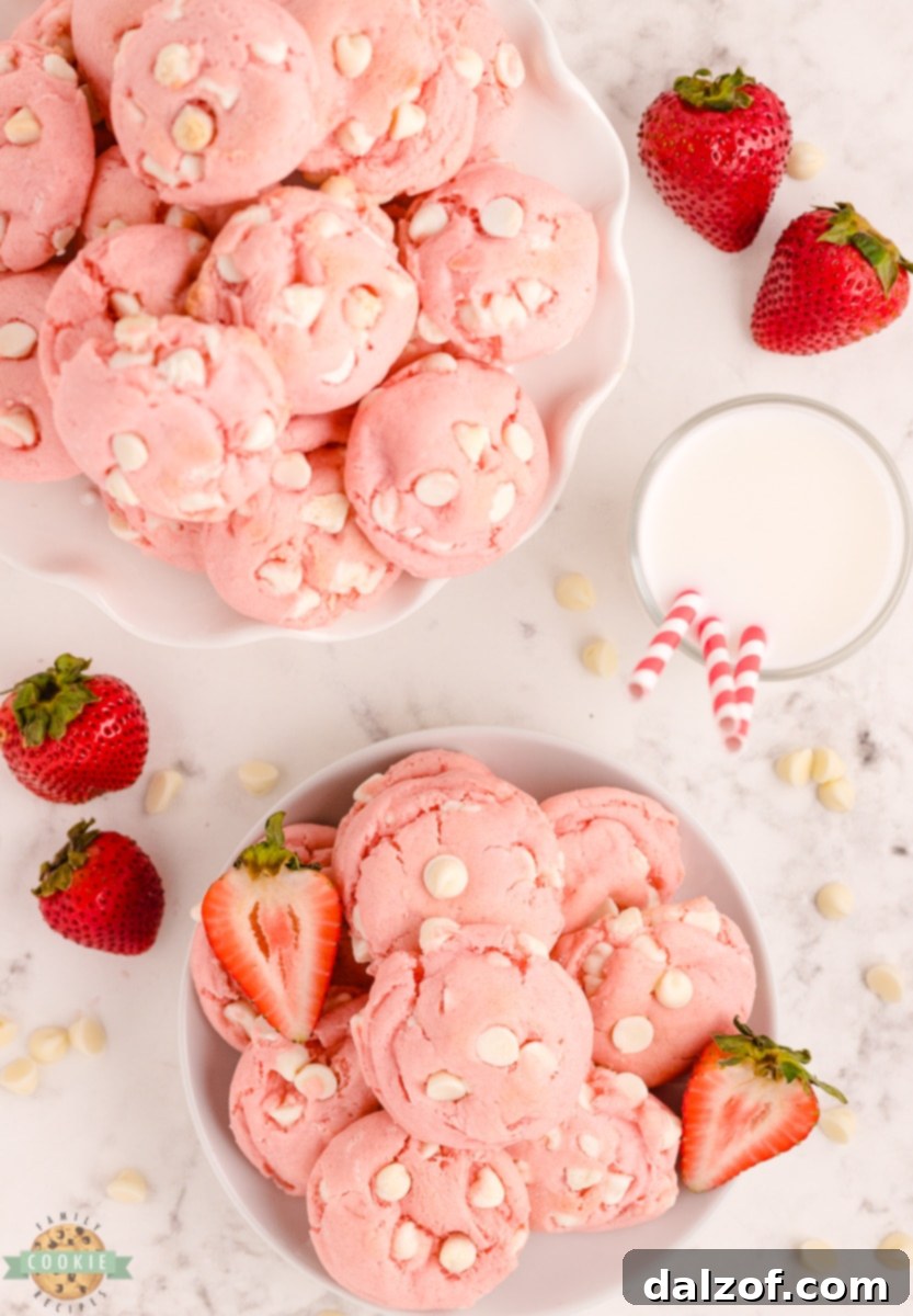 Freshly baked White Chocolate Strawberry Cake Mix Cookies on a cooling rack