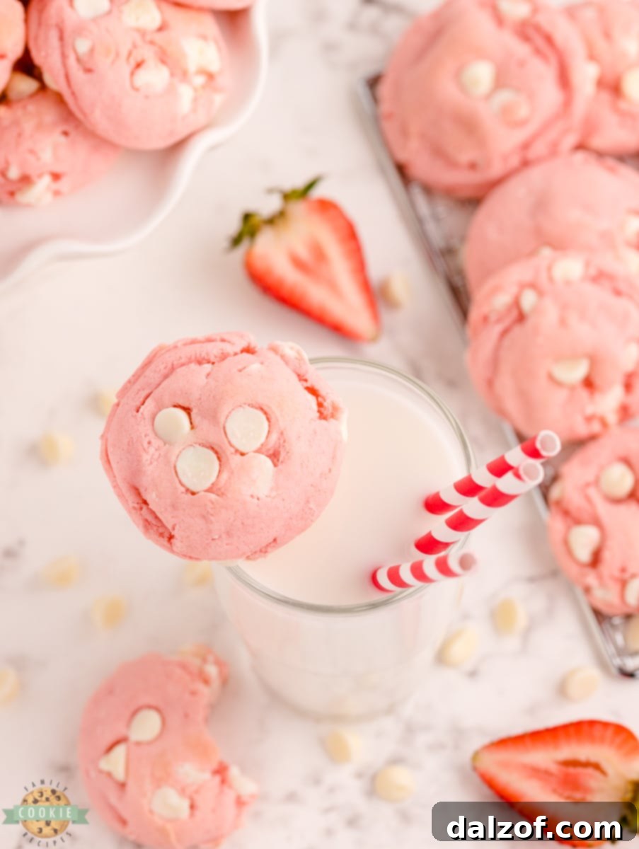A close-up of a White Chocolate Strawberry Cake Mix Cookie on a white surface