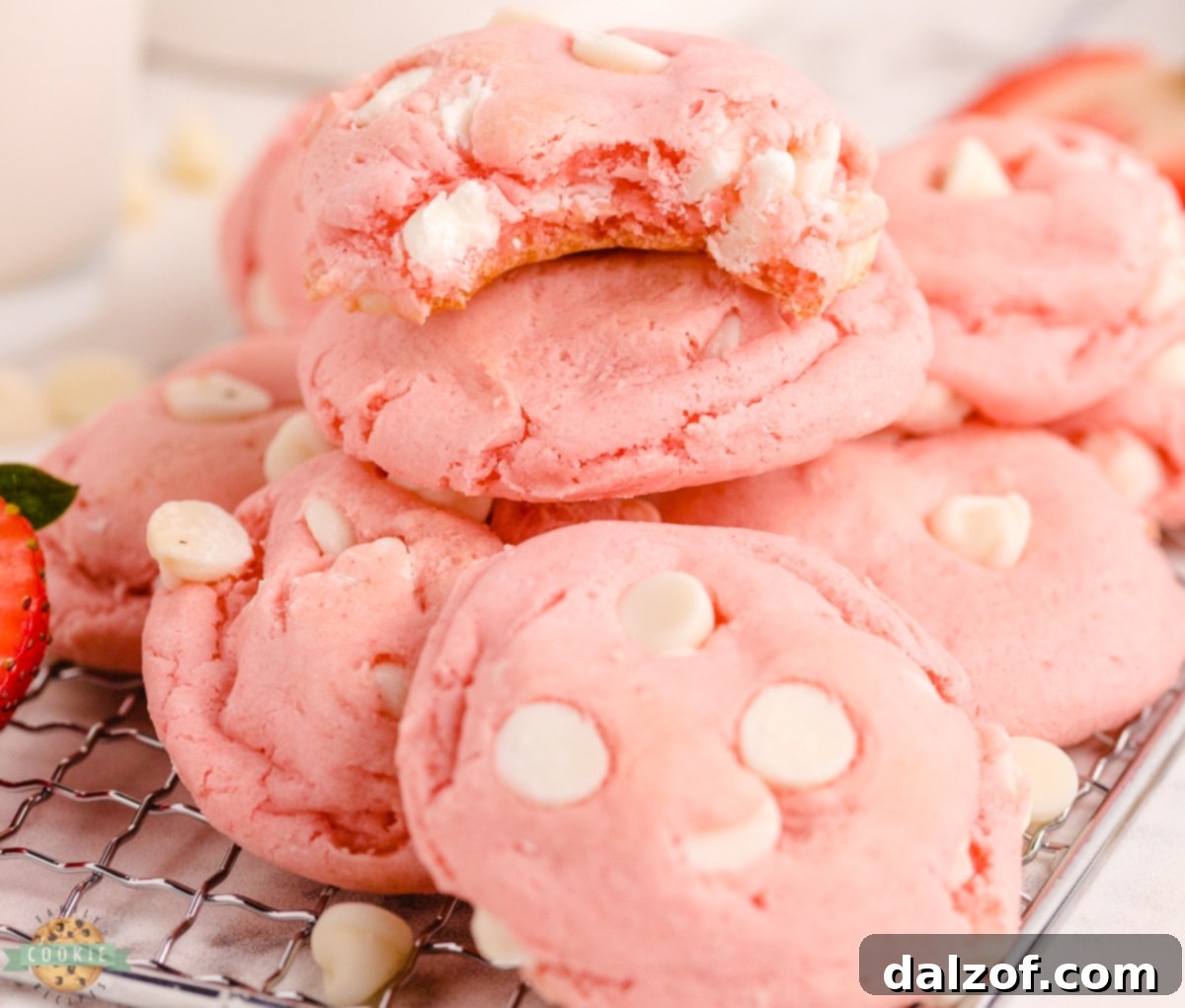 Several White Chocolate Strawberry Cake Mix Cookies on a cooling rack, some with white chocolate drizzle