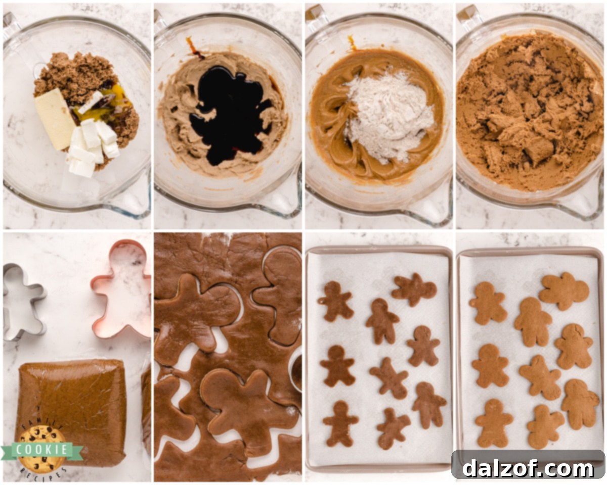 Step-by-step image showcasing how to make the best gingerbread cut-out cookies, from dough to decoration.