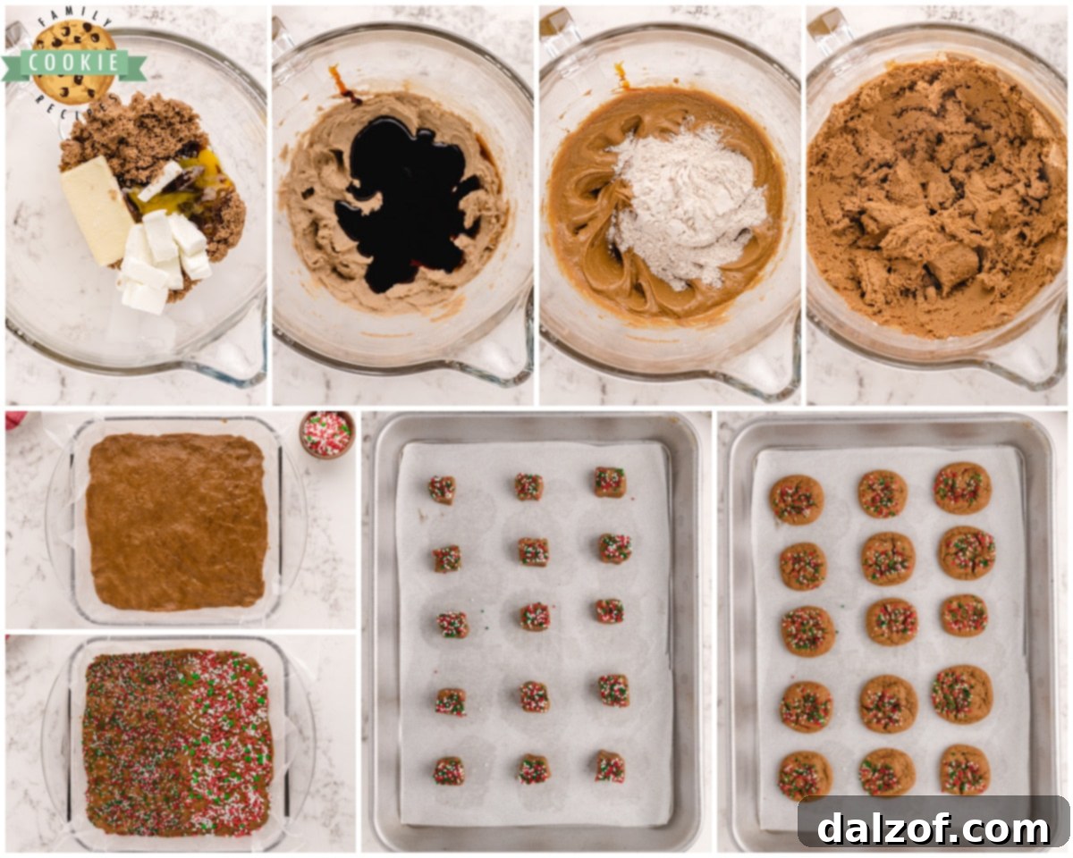 Step-by-step image showing how to make mini gingerbread cookies, with a focus on pressing dough into a pan and adding sprinkles.
