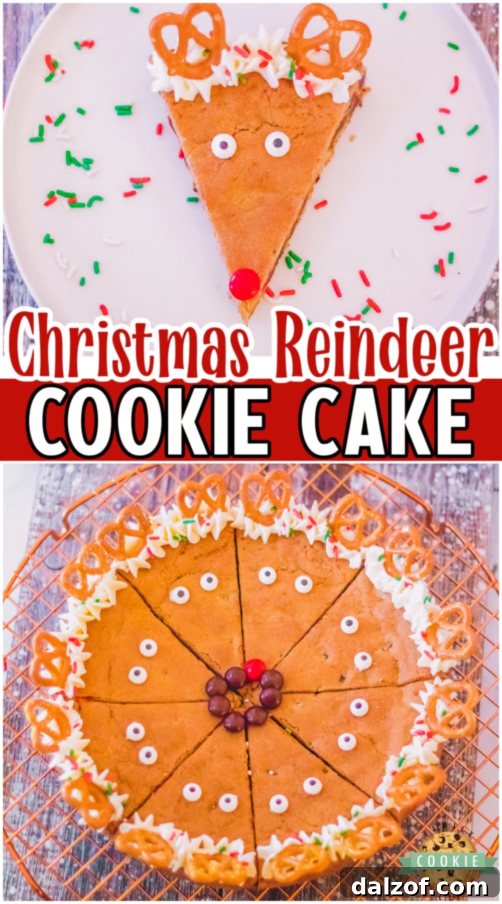 Christmas Reindeer Cookie Cake made with chocolate chip cookie dough & topped with simple candy to look like reindeer! Easy, festive holiday cookie cake that's Rudolph approved!