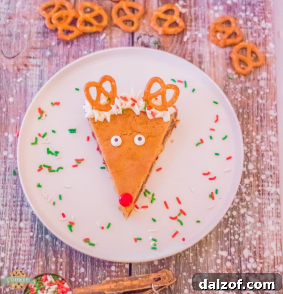 Close up of a decorated Christmas Reindeer Cookie Cake