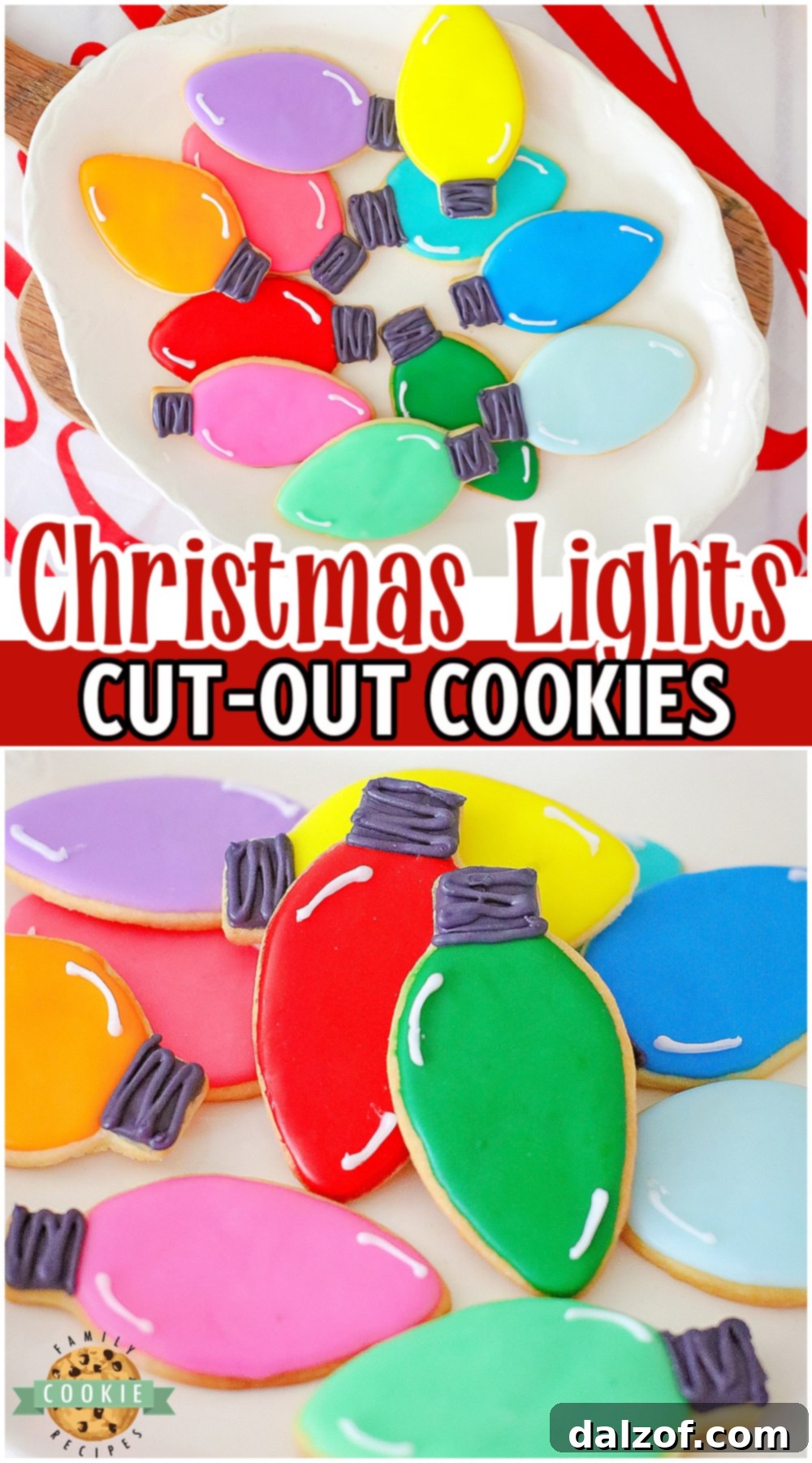 A beautifully decorated collection of festive Christmas light cut-out cookies, perfect for holiday trays. Simple butter cookies are cut out, baked, and frosted to resemble sparkling holiday lights on a Christmas tree.