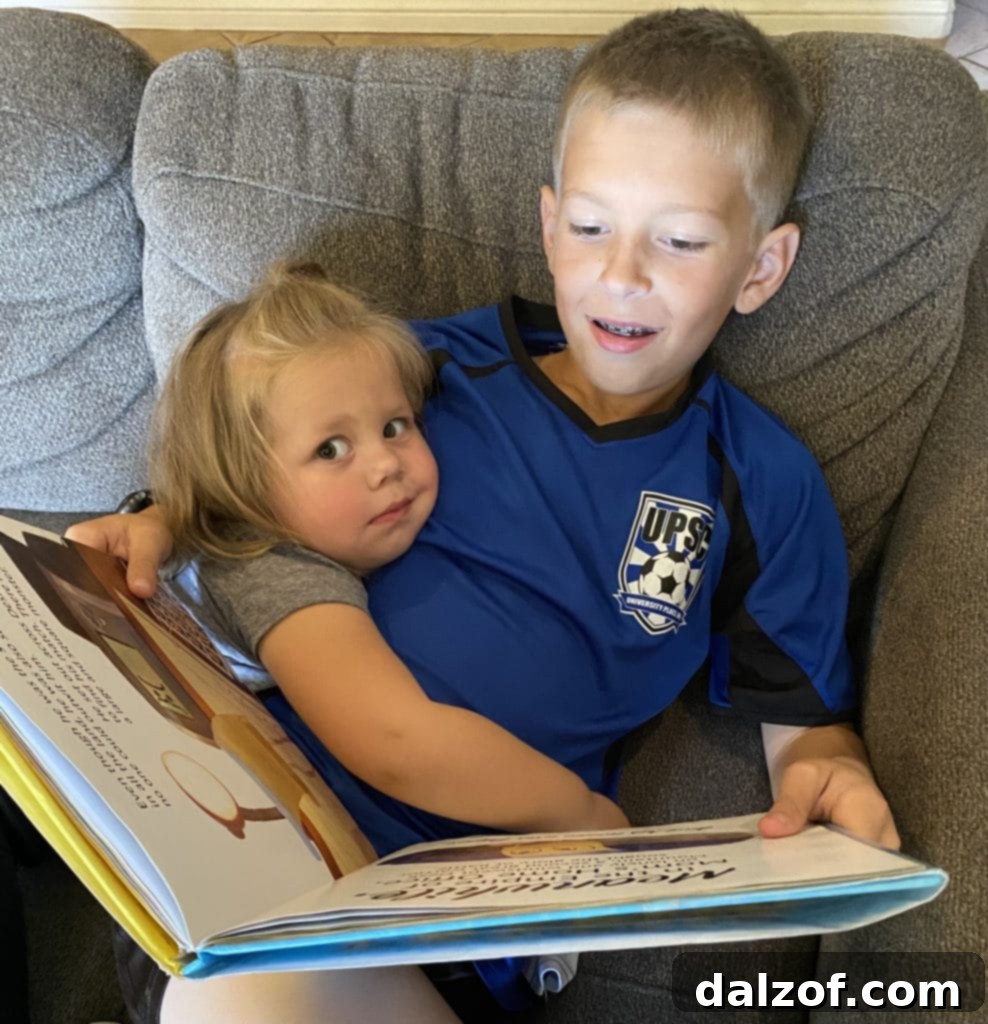 A family moment, perhaps featuring children enjoying books or a snack.