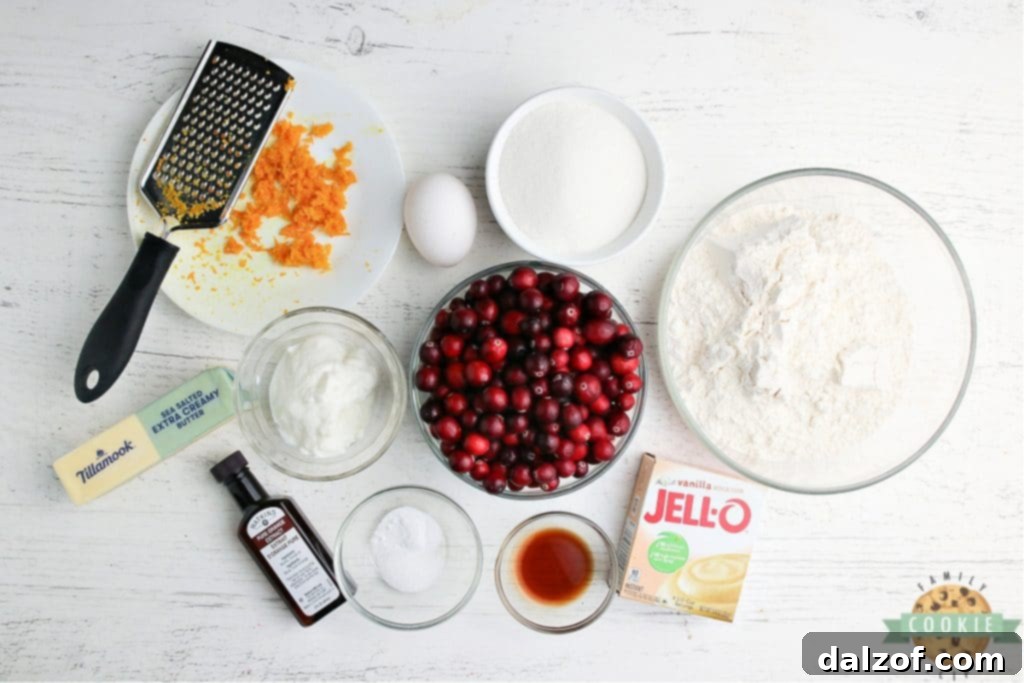 Key ingredients used in the Cranberry Orange Cookies recipe, laid out for preparation.