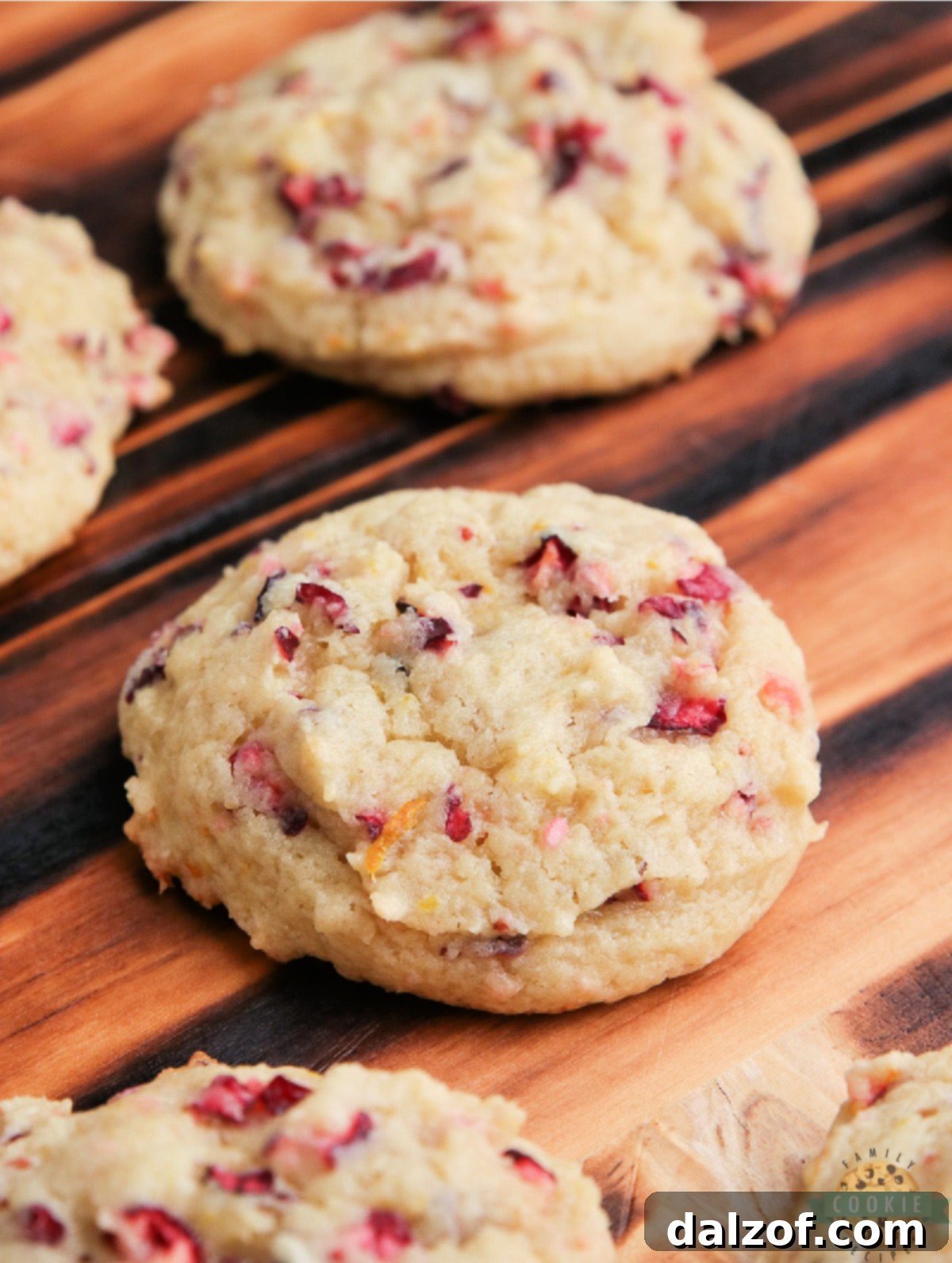 Close-up of baked Orange cookies with visible cranberries, ready to be enjoyed.