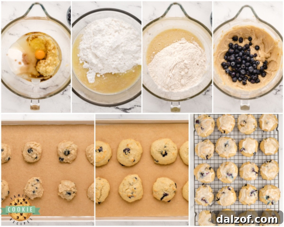 overhead shot of ingredients being mixed for blueberry banana cookies