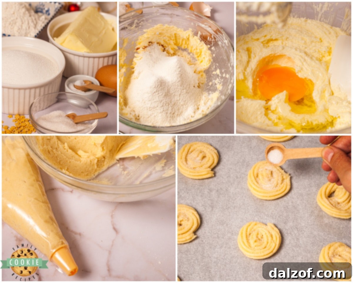 Hands piping intricate Danish butter cookie shapes onto a parchment-lined baking sheet, demonstrating a key step in creating these classic treats.