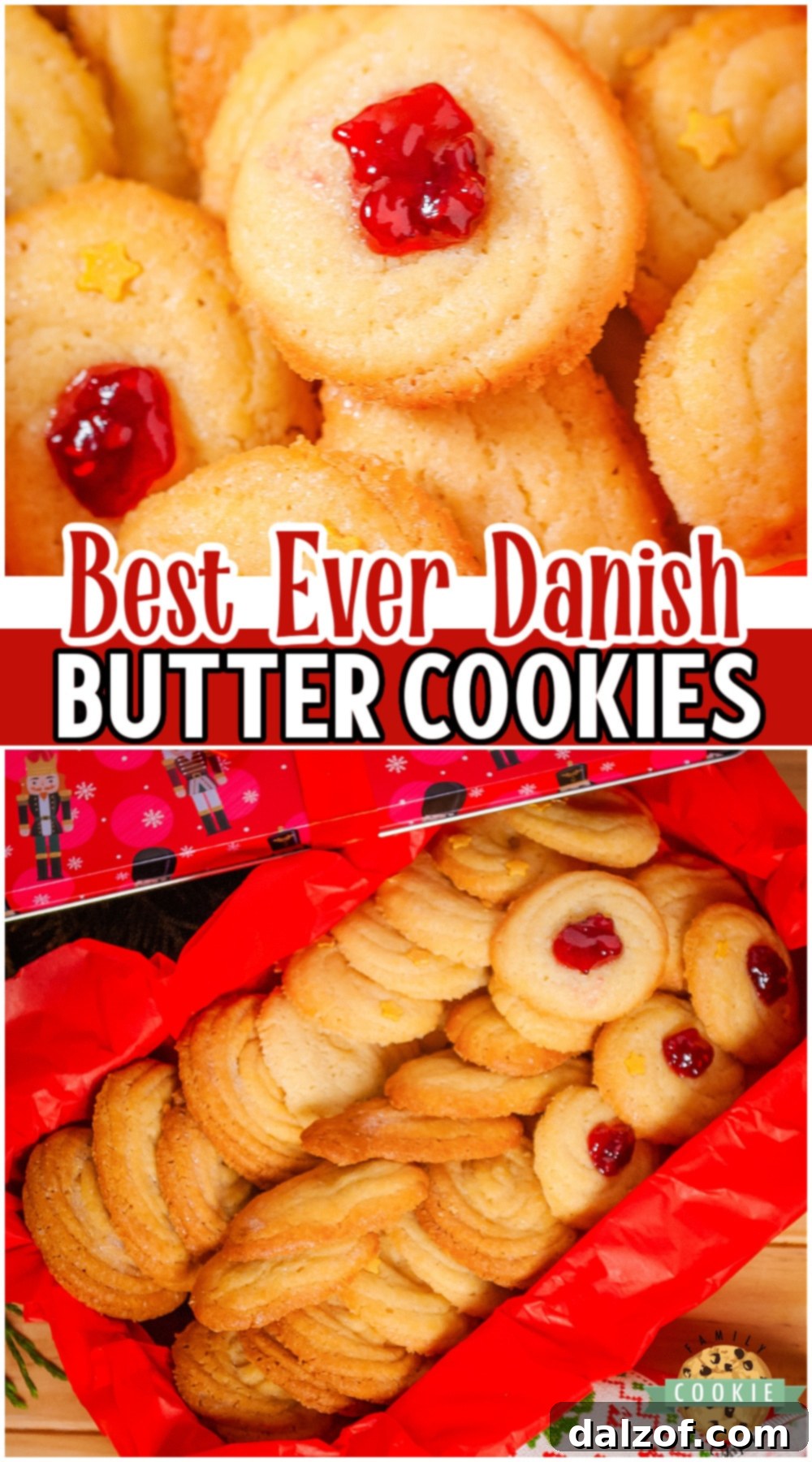 A large, beautifully composed image of Danish Butter cookies, highlighting their crisp and buttery nature, emphasizing they are made with just 5 ingredients and perfect for enjoying year-round.