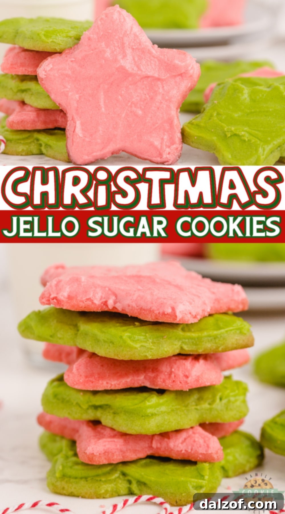 Close-up of vibrant Christmas Jello Sugar Cookies with frosting