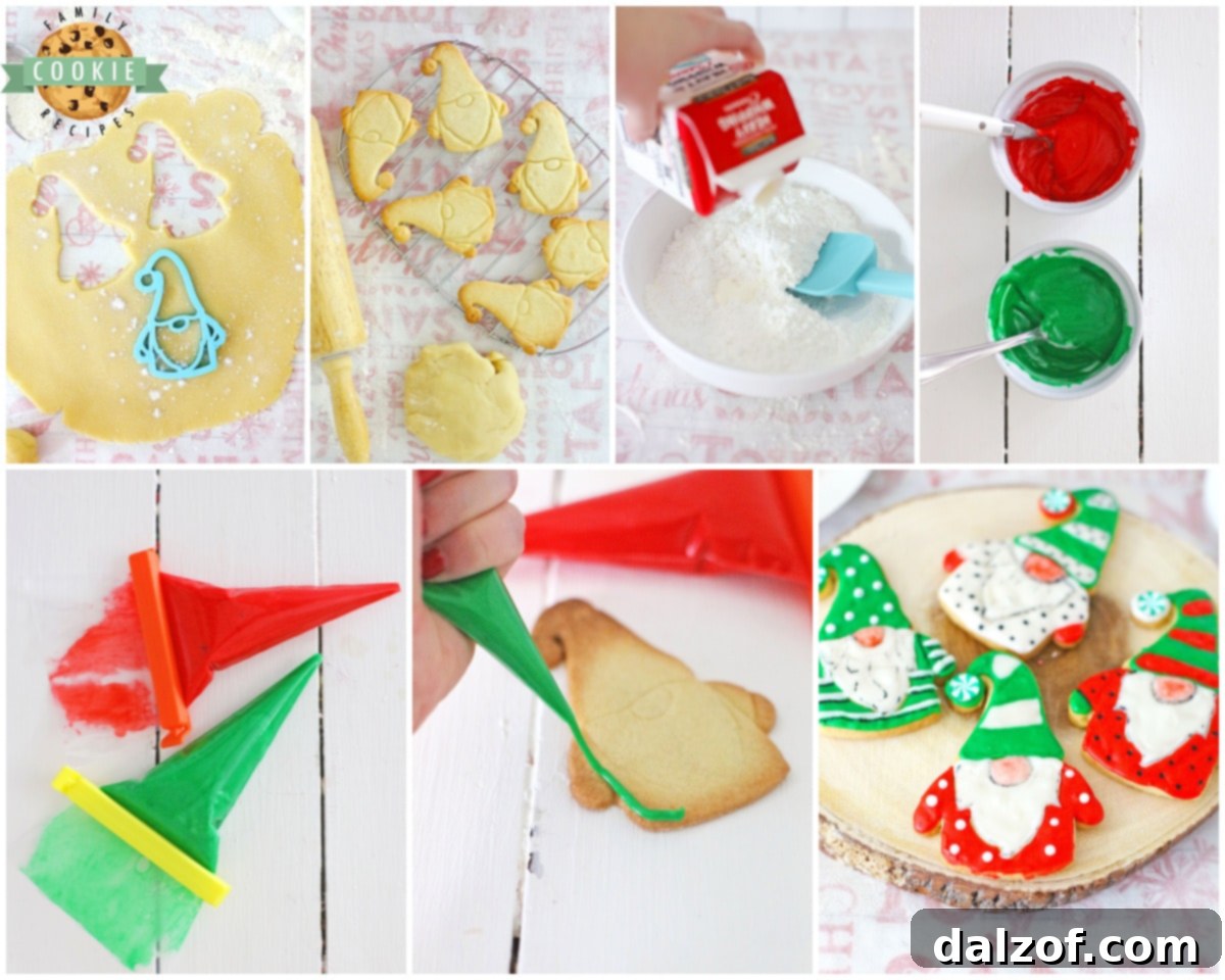 a beautifully decorated iced gnome cookie, ready to be enjoyed, showing off its red hat, white beard, and green shirt.