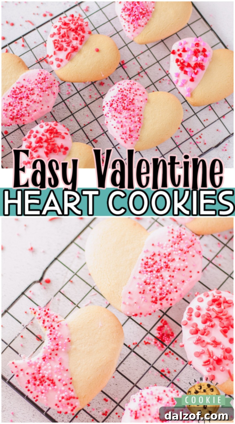 Valentine Heart Cookies are buttery shortbread cookies dipped in chocolate and topped with Valentine's sprinkles! Simple, classic Valentine's cookies that everyone loves! 