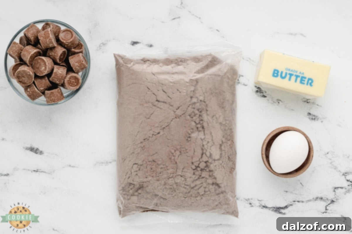 Ingredients in Cake Mix Rolo Cookies.