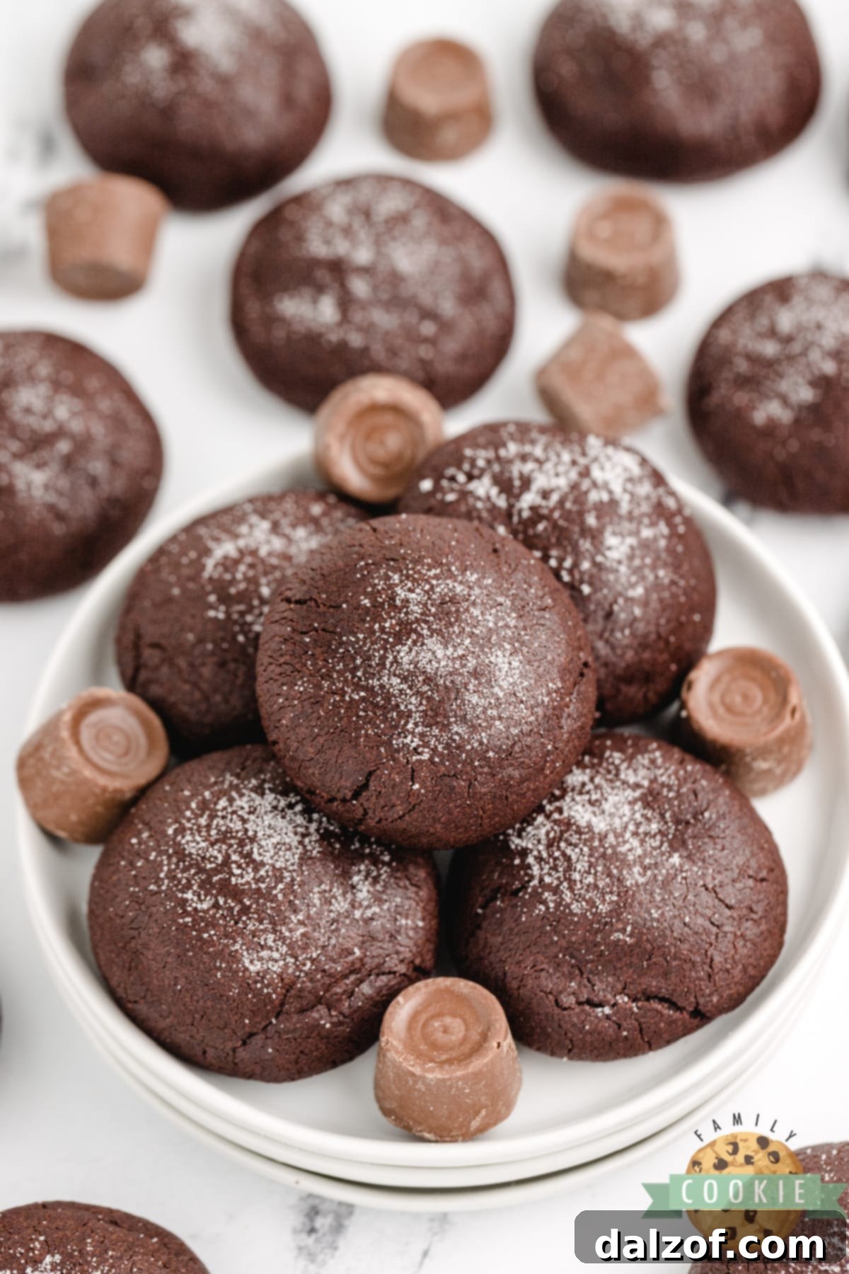 Cake mix chocolate cookies with a Rolo in the middle.