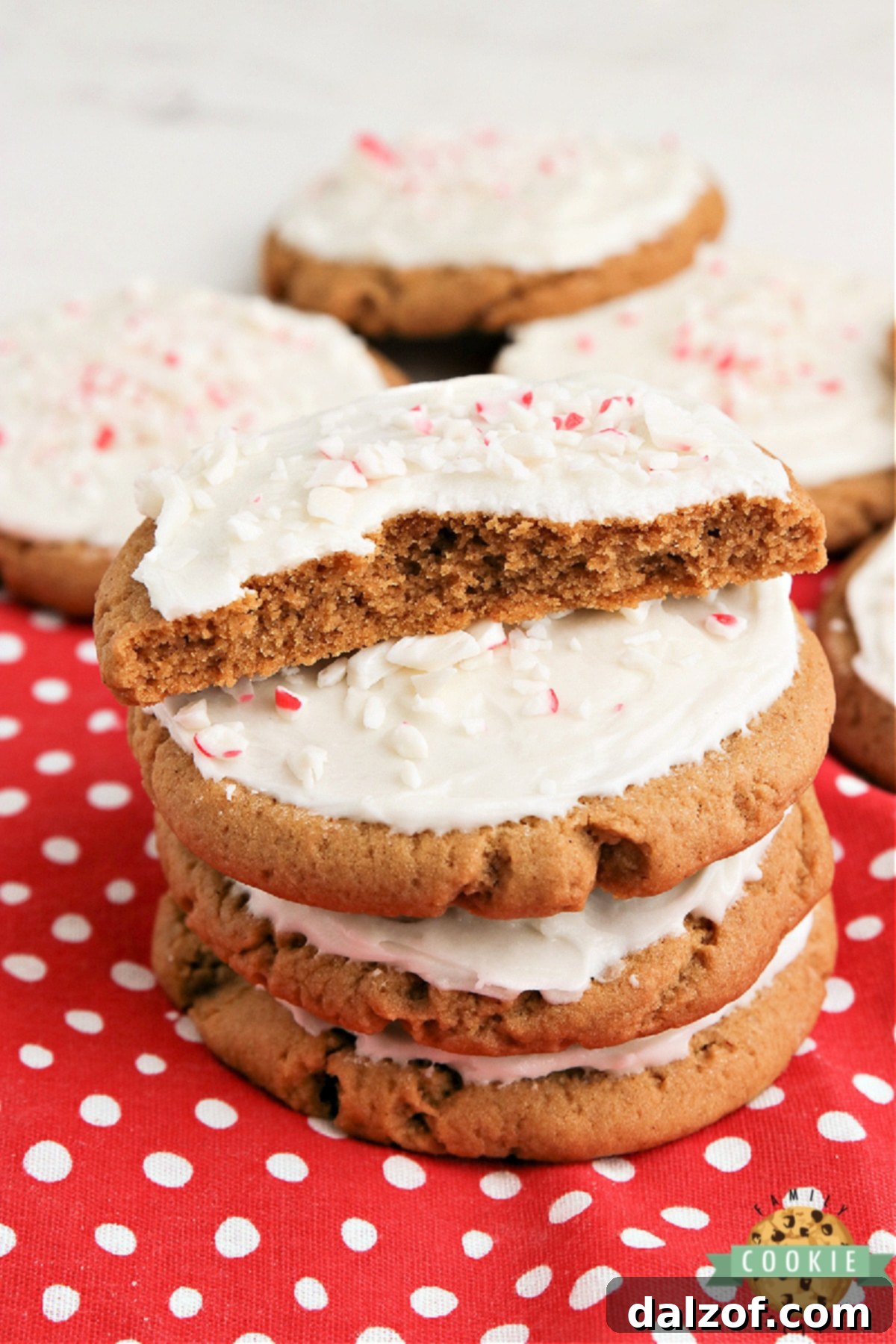 Close-up of frosted gingerbread cookies with crushed candy cane garnish