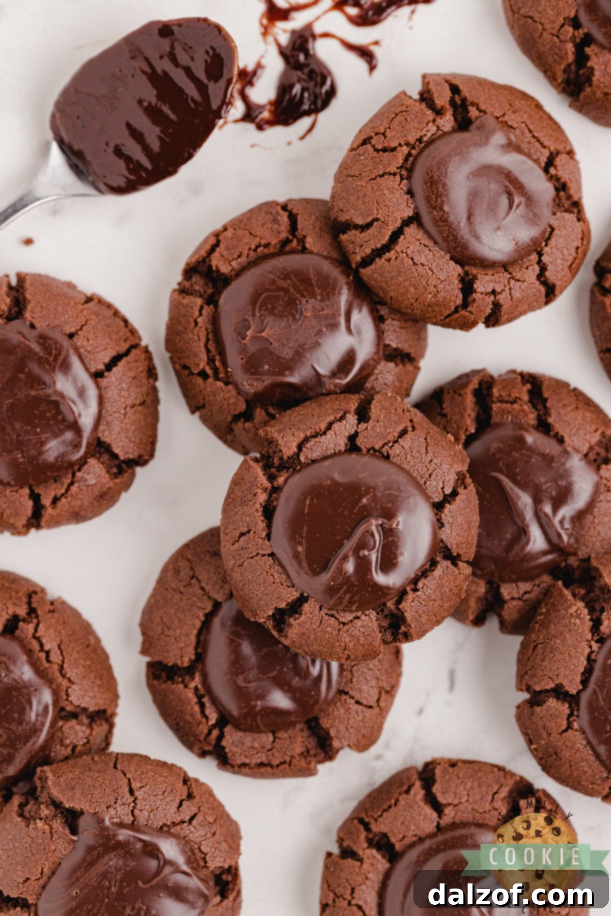 Decadent Double Chocolate Thumbprint Treats 3 Close-up of baked chocolate cookies with chocolate ganache filling, ready to eat