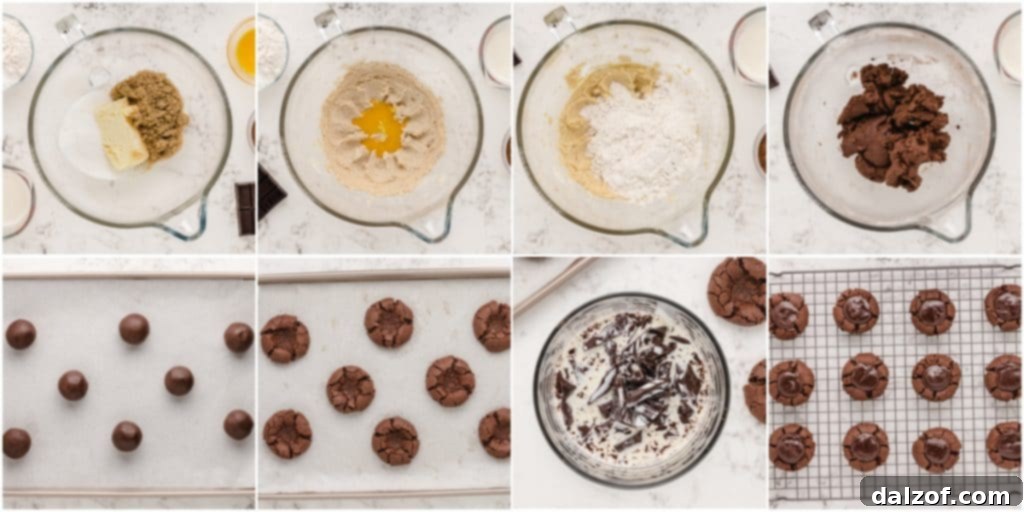 Decadent Double Chocolate Thumbprint Treats 5 Step-by-step instructions for making double chocolate thumbprint cookies, showing dough preparation and shaping