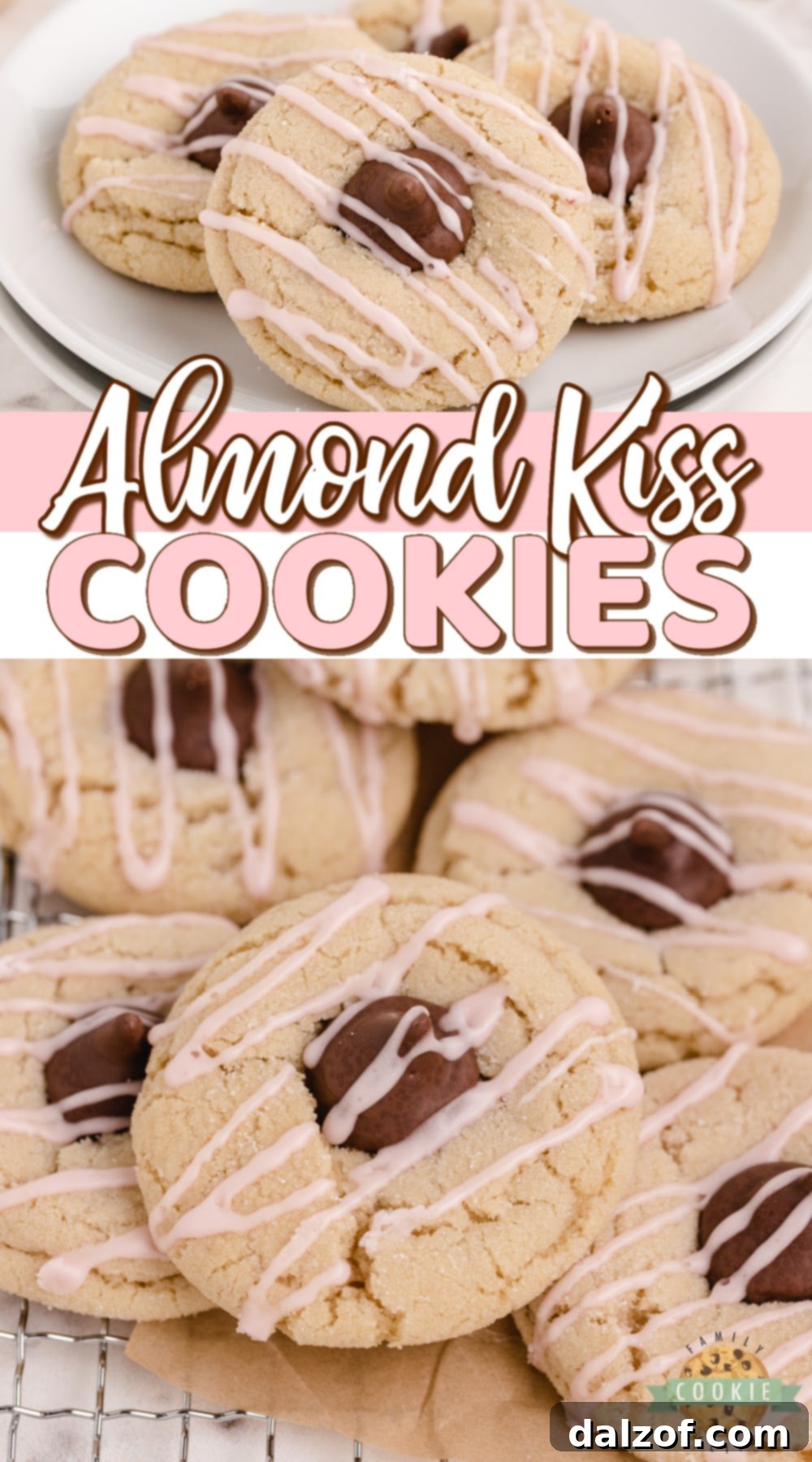 Almond Kiss Cookies made with almond extract and Hershey kisses with almonds! Drizzled with a simple raspberry glaze, these make a fantastic alternative to the traditional peanut butter blossoms!