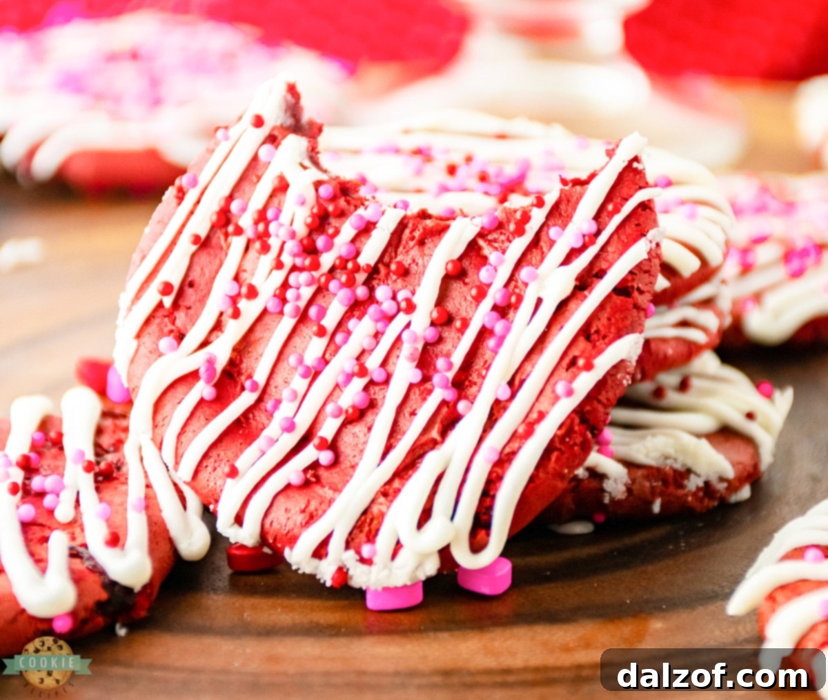 Effortless Red Velvet Valentine Cookies 3 Close-up of a Red Velvet Cake Mix Cookie with luscious cream cheese frosting and a bite taken out, revealing its soft texture, decorated with delicate Valentine's sprinkles.