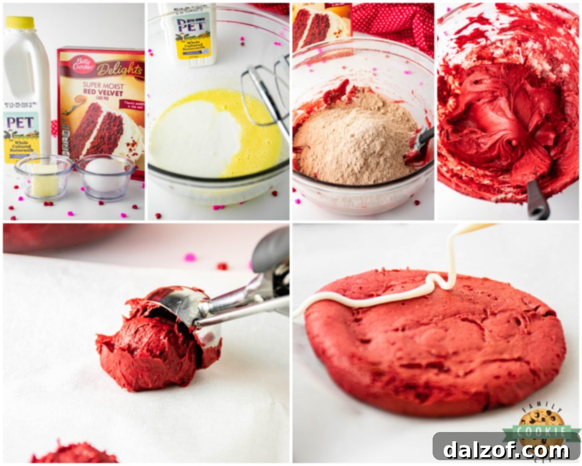 Effortless Red Velvet Valentine Cookies 4 A visual guide showing the process of making Red Velvet Valentine's Cake Mix Cookies, from mixing dough to baking.
