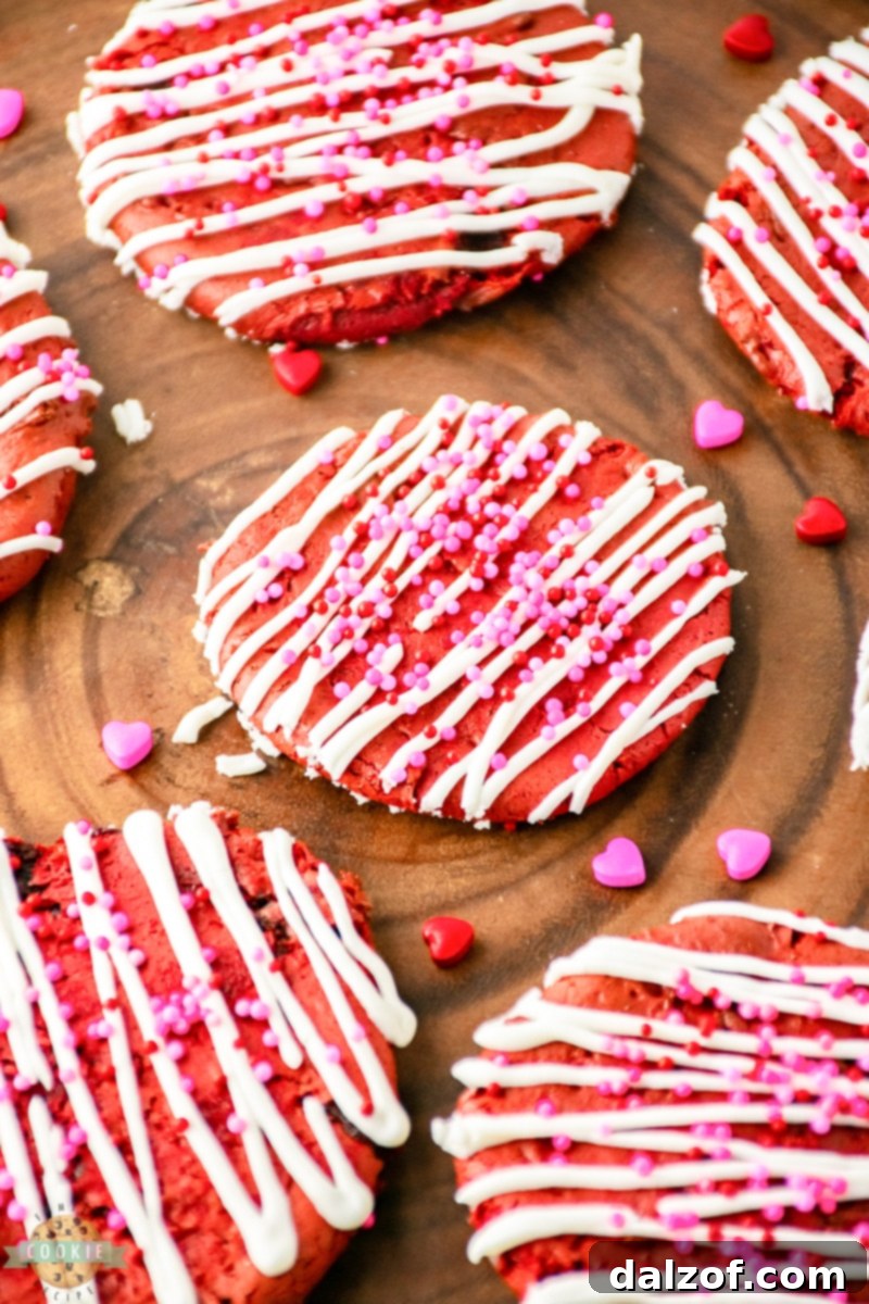 Effortless Red Velvet Valentine Cookies 7 Red Velvet Cake Mix Cookies generously drizzled with vanilla frosting and festive Valentine's sprinkles, artfully arranged on a rustic wooden table.