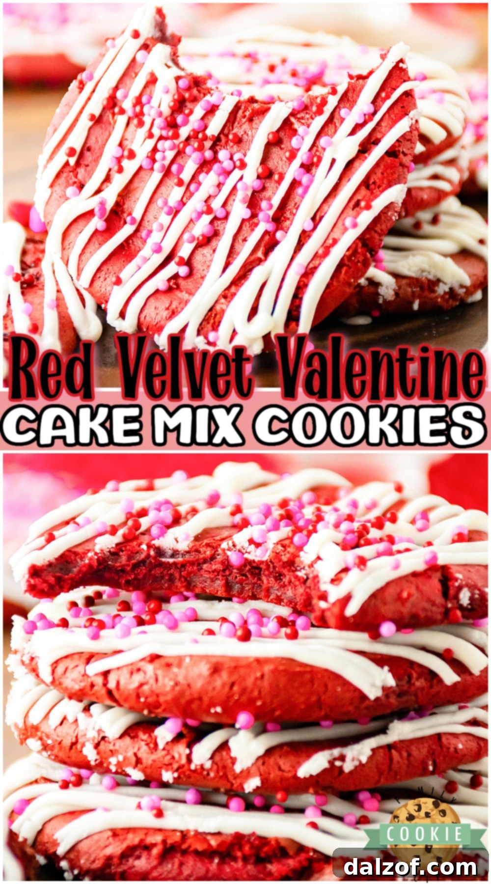 Effortless Red Velvet Valentine Cookies 10 A beautifully arranged stack of Red Velvet Valentine's Cake Mix Cookies with cream cheese frosting and festive sprinkles, highlighting their soft texture and ease of preparation.