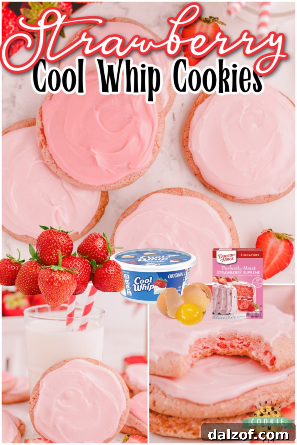 Strawberry Cool Whip Cookies made with cake mix, Cool Whip and 1 egg! Simple cake mix cookie recipe with lovely strawberry flavor that everyone loves!