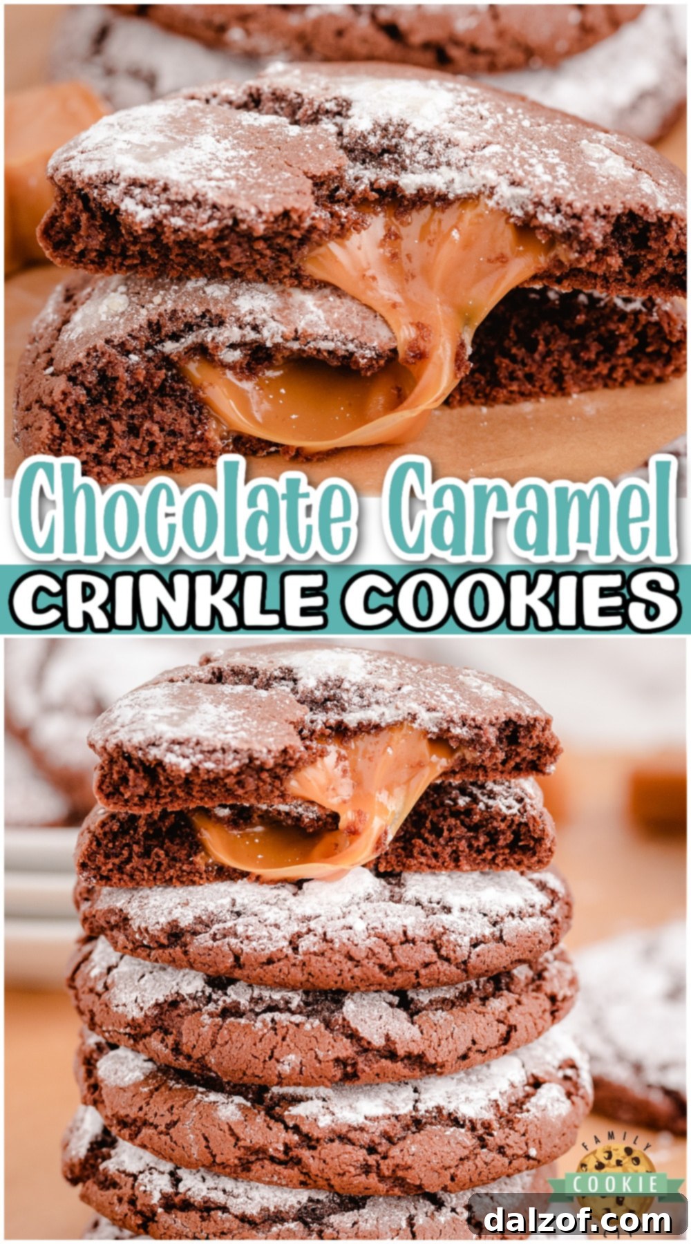 Caramel Chocolate Crinkle Cookies are a decadent combination of chewy caramel and soft chocolate cookies rolled in sweet powdered sugar. Fantastic twist on classic crinkle cookies that everyone loves!