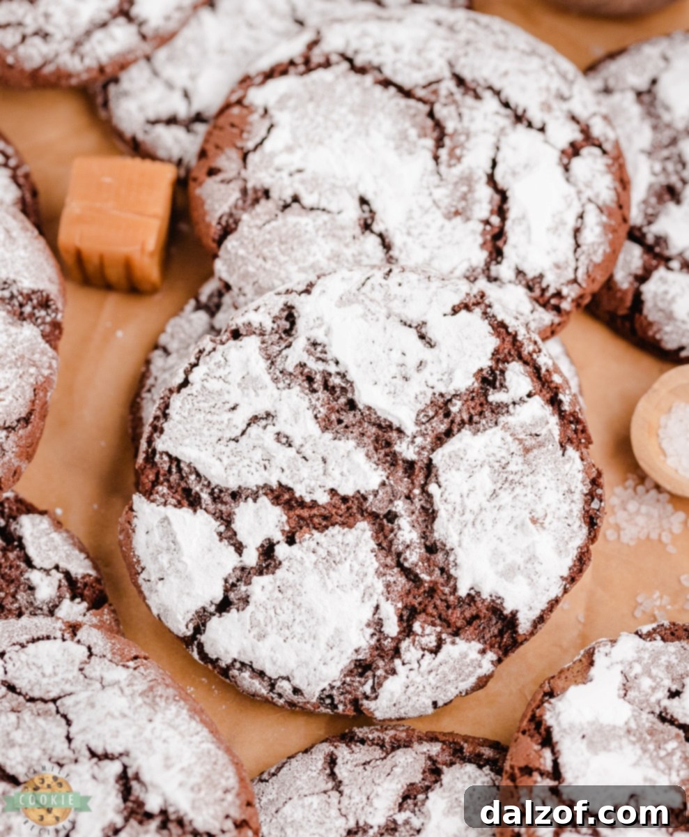 Close-up of baked Caramel Chocolate Crinkle Cookies