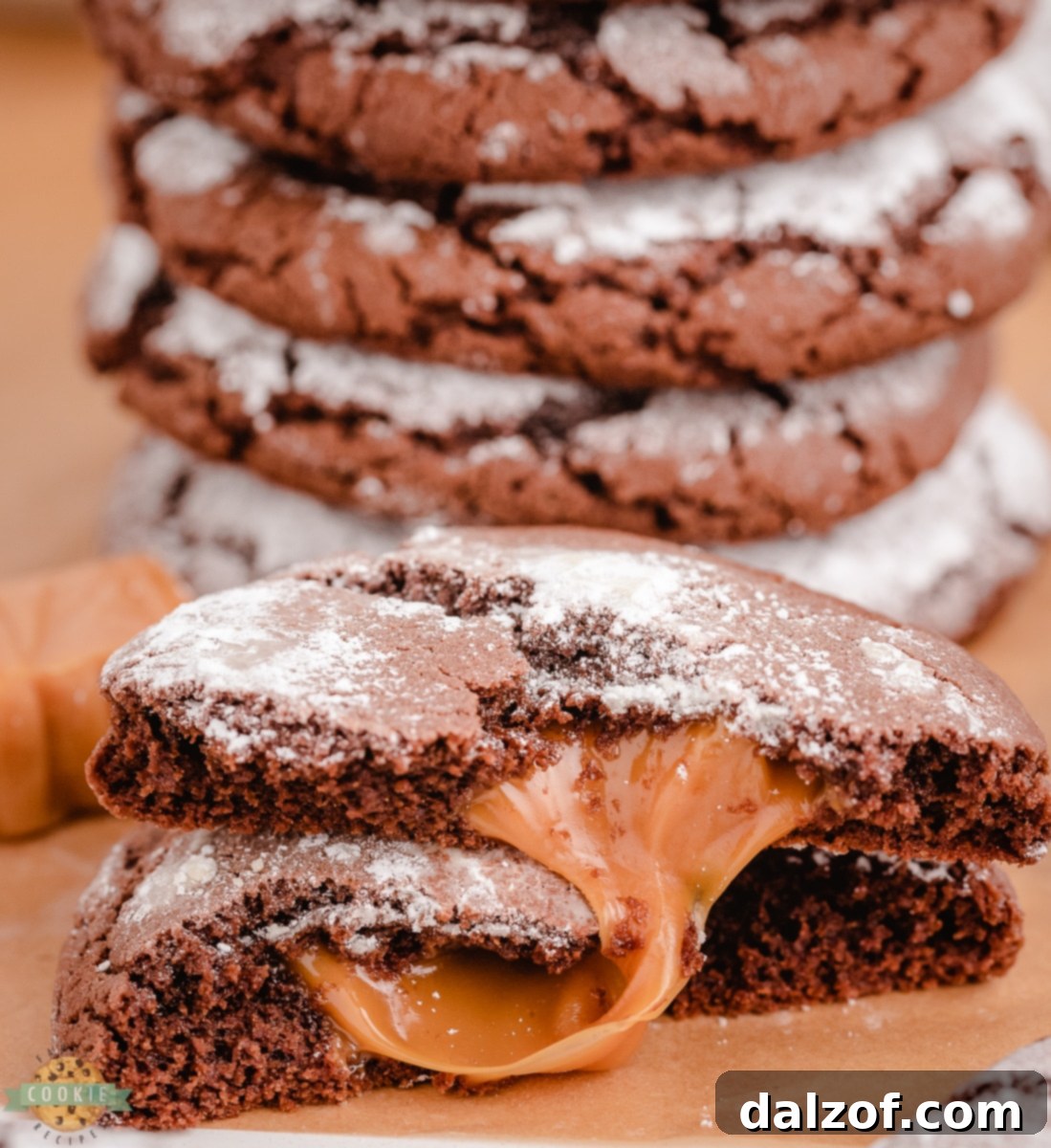 Freshly baked Caramel Chocolate Crinkle Cookies on a cooling rack