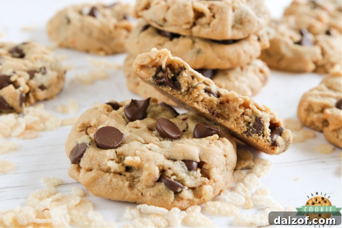 Peanut Butter Chocolate Crunch Cookies 3 Close-up of thick and soft peanut butter cookies generously studded with chocolate chips and crisp Rice Krispies, showcasing their appealing texture.