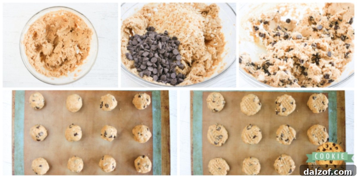 Peanut Butter Chocolate Crunch Cookies 5 Detailed step-by-step imagery demonstrating the process of making Rice Krispie Chocolate Chip Peanut Butter Cookies, from mixing dough to folding in ingredients.