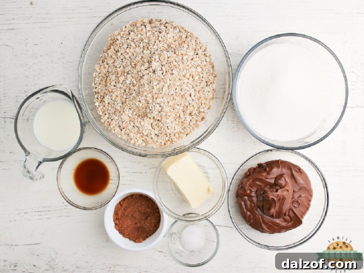 A beautiful display of all the essential ingredients needed to make delicious Nutella No Bake Cookies, ready for assembly.