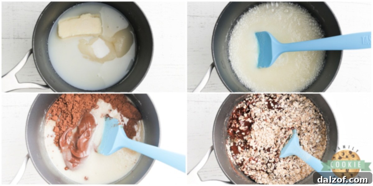Step-by-step visuals showing the process of making Nutella No Bake Cookies, from mixing ingredients to scooping.