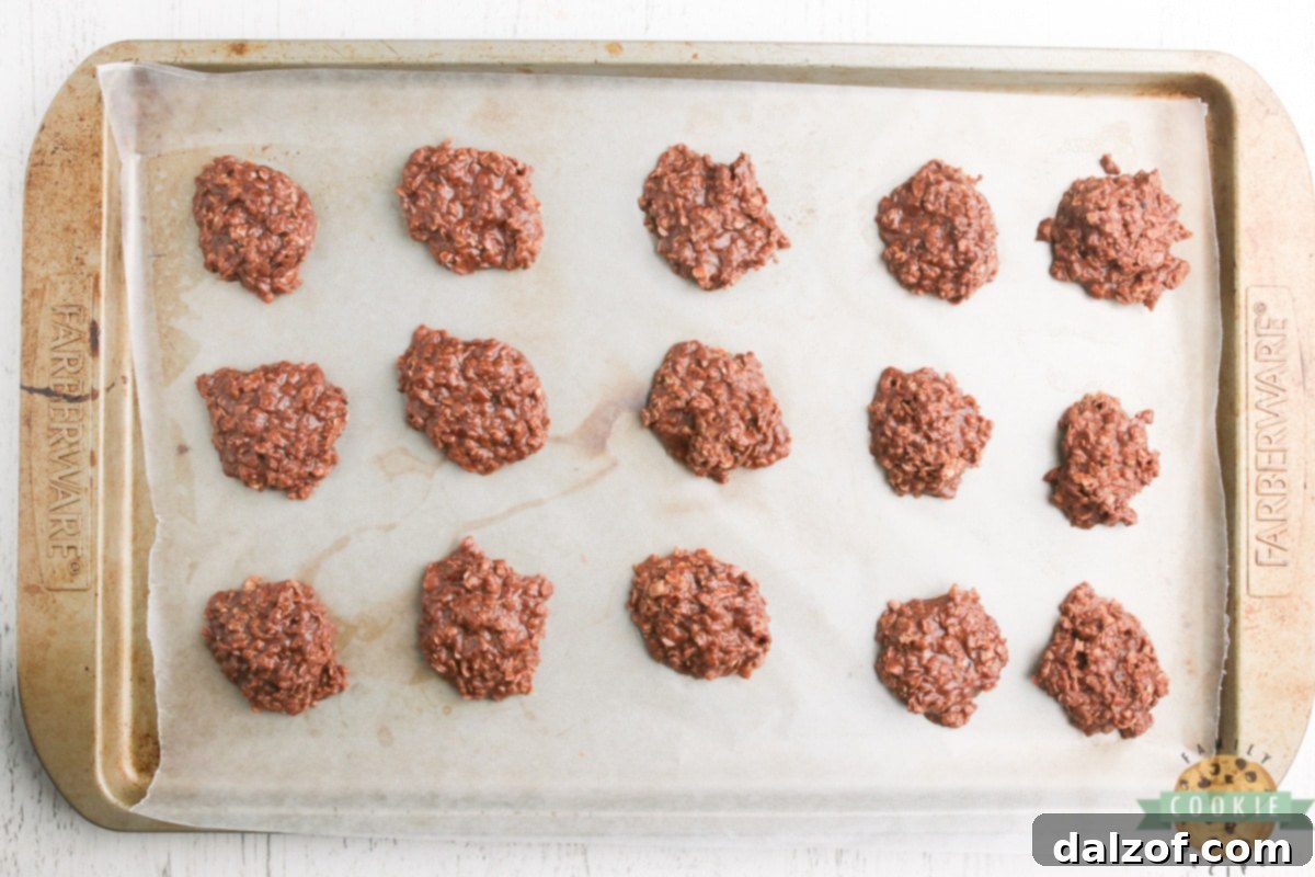 Close-up of freshly made Nutella No Bake Cookies, showcasing their rich chocolate color and oat texture.