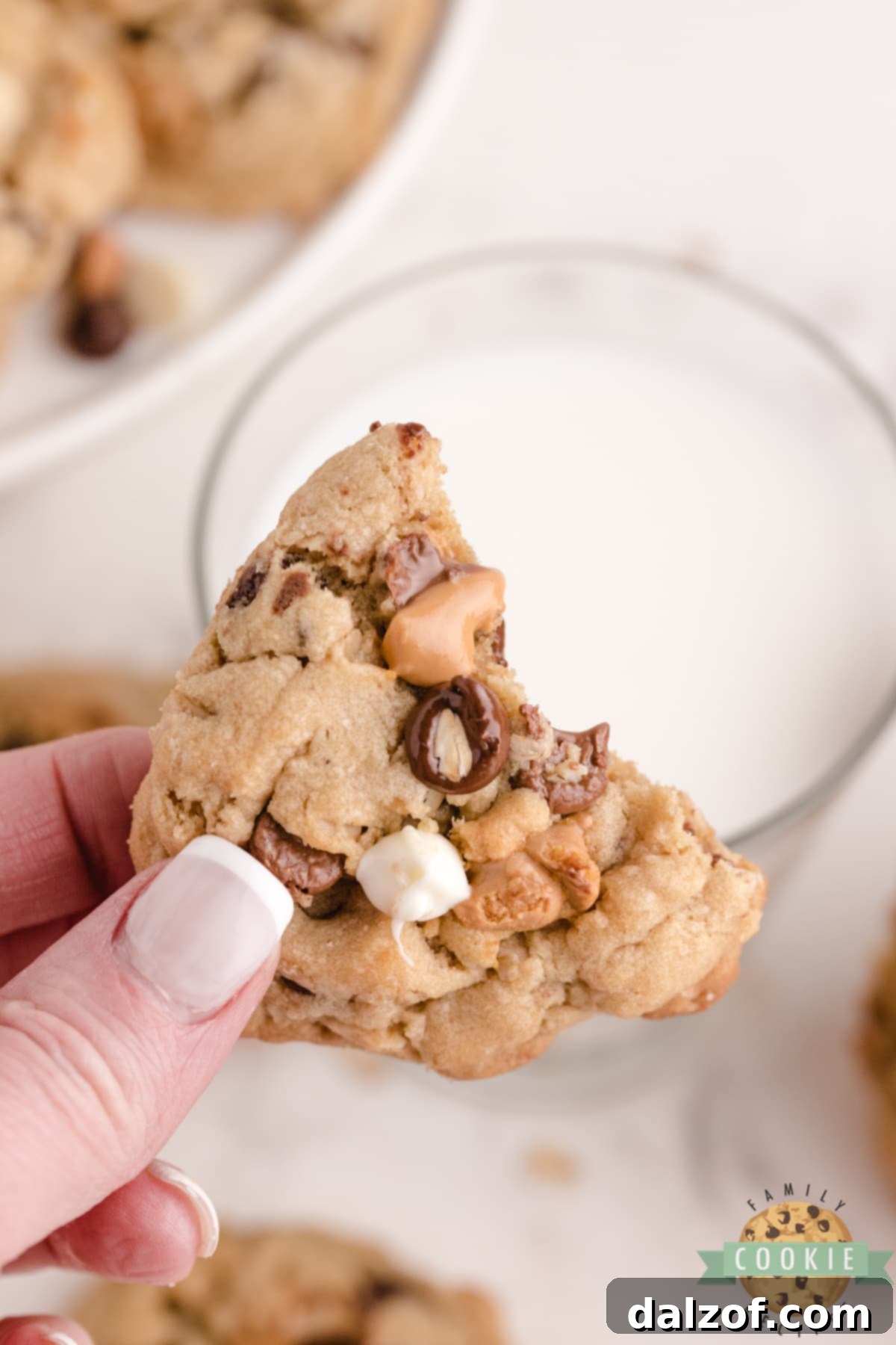 Variety of Five Chip Peanut Butter Oatmeal Cookies stacked, highlighting the diverse baking chips and soft texture