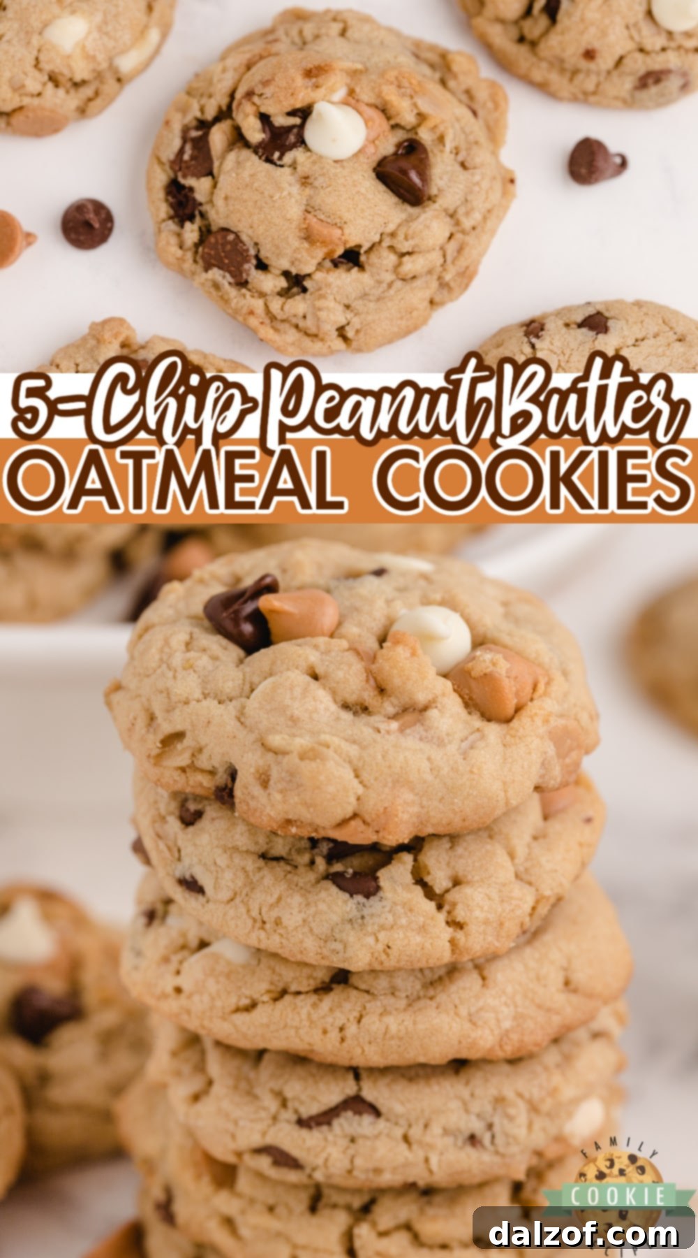 A large pile of freshly baked Five Chip Peanut Butter Oatmeal Cookies, emphasizing their abundant chip filling