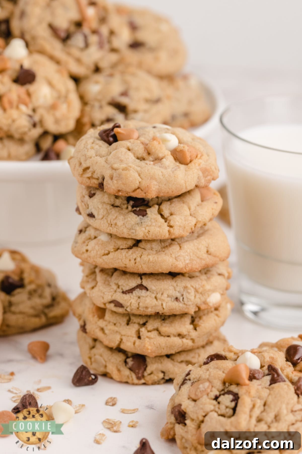 Close-up of Peanut Butter Oatmeal Cookies showcasing a variety of five baking chips: milk chocolate, semisweet, peanut butter, vanilla, and butterscotch