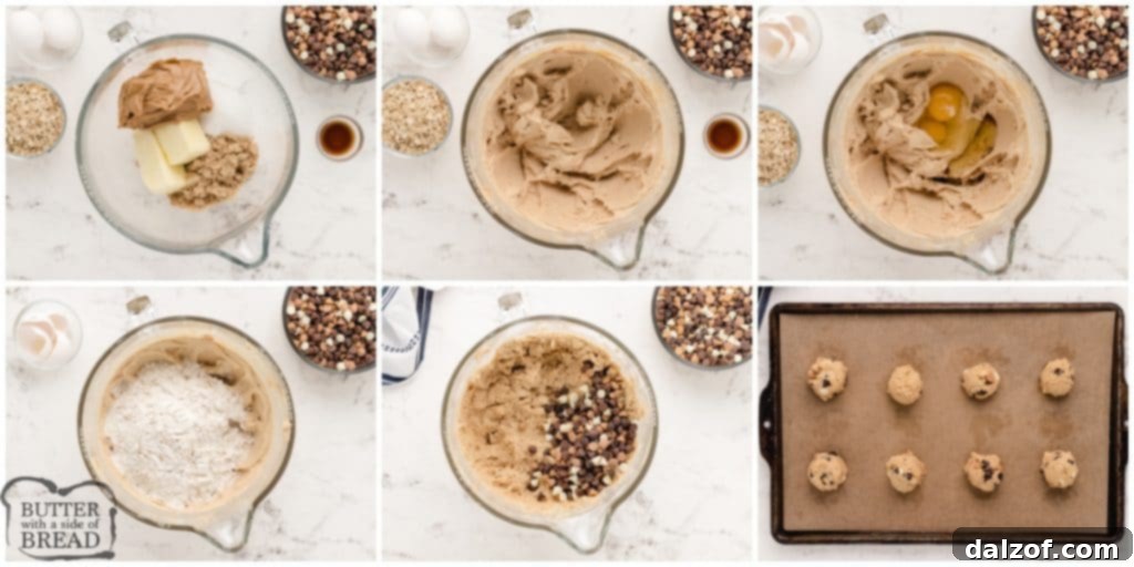 Step-by-step imagery showing the process of mixing dough and scooping Five Chip Peanut Butter Oatmeal Cookies onto a baking sheet