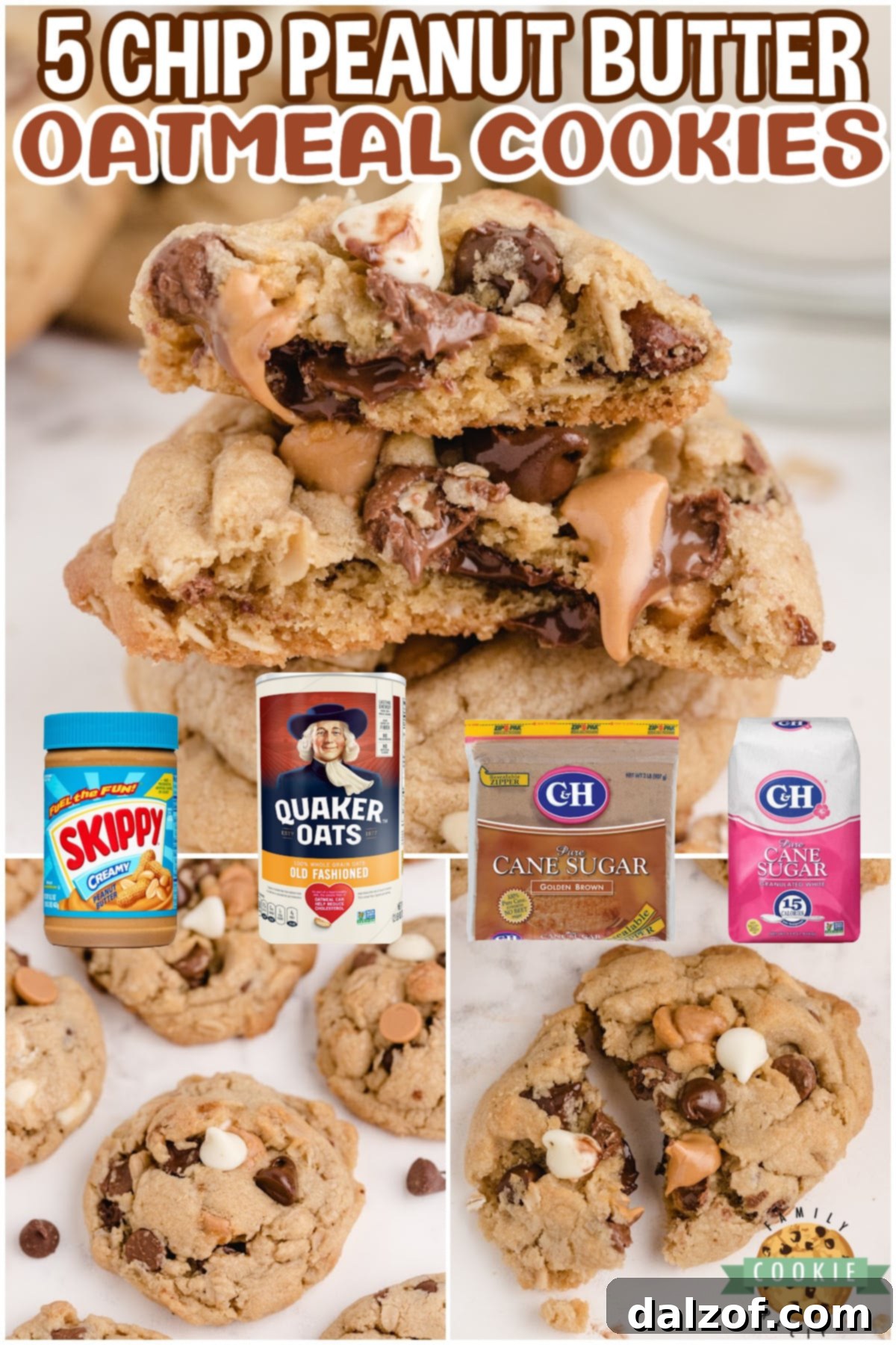 Collage of Five Chip Peanut Butter Oatmeal Cookies with various angles and close-ups, ideal for social media sharing