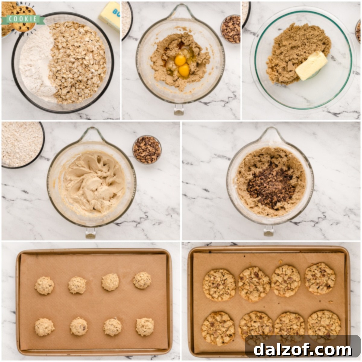 collage of steps on how to make toffee oatmeal cookies: combining dry ingredients, creaming butter and sugar, mixing in wet ingredients, folding in toffee bits