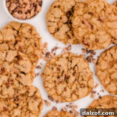 tray of oatmeal toffee cookies with bits of brickle