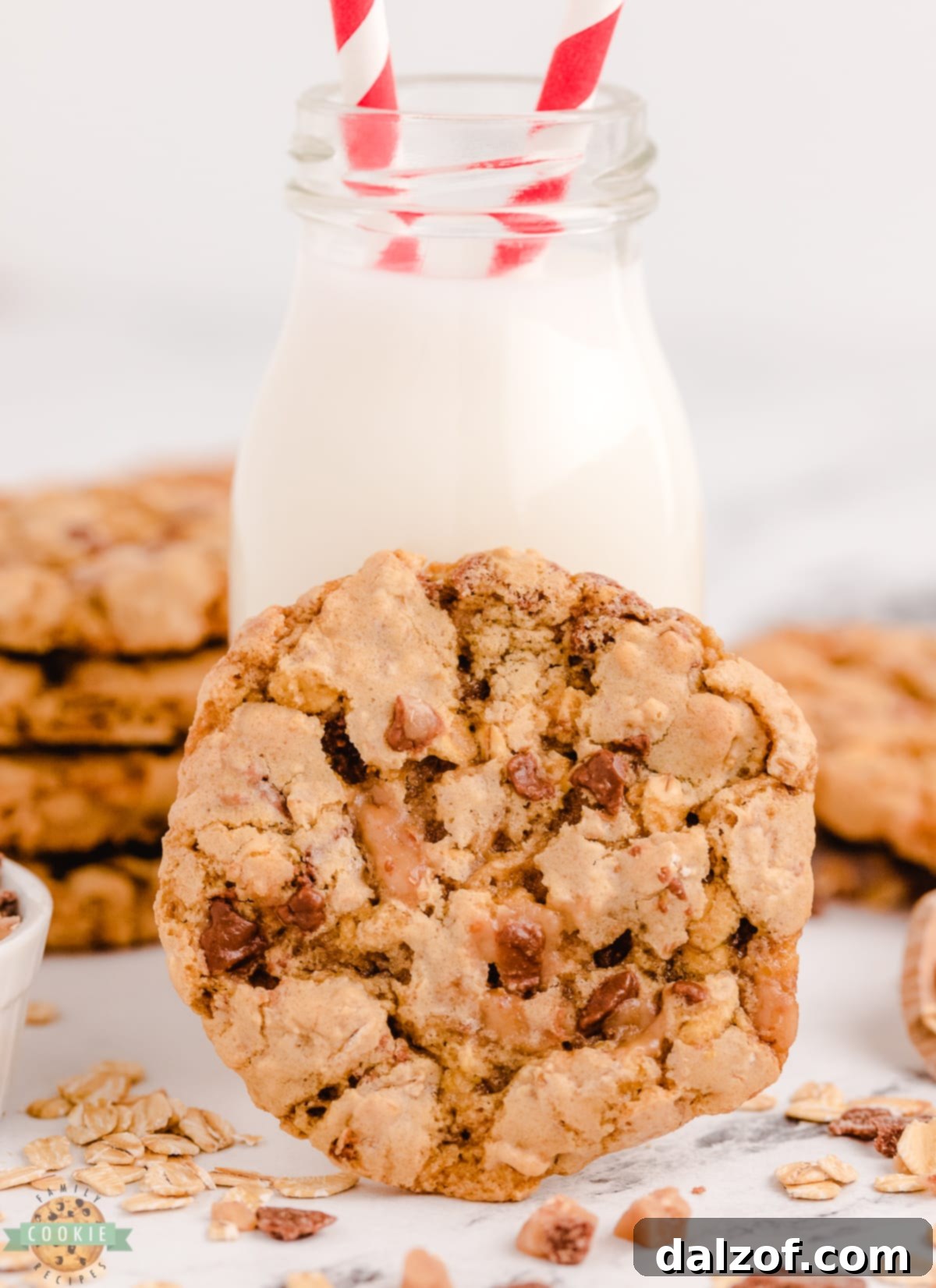 oatmeal toffee cookies with a glass of milk