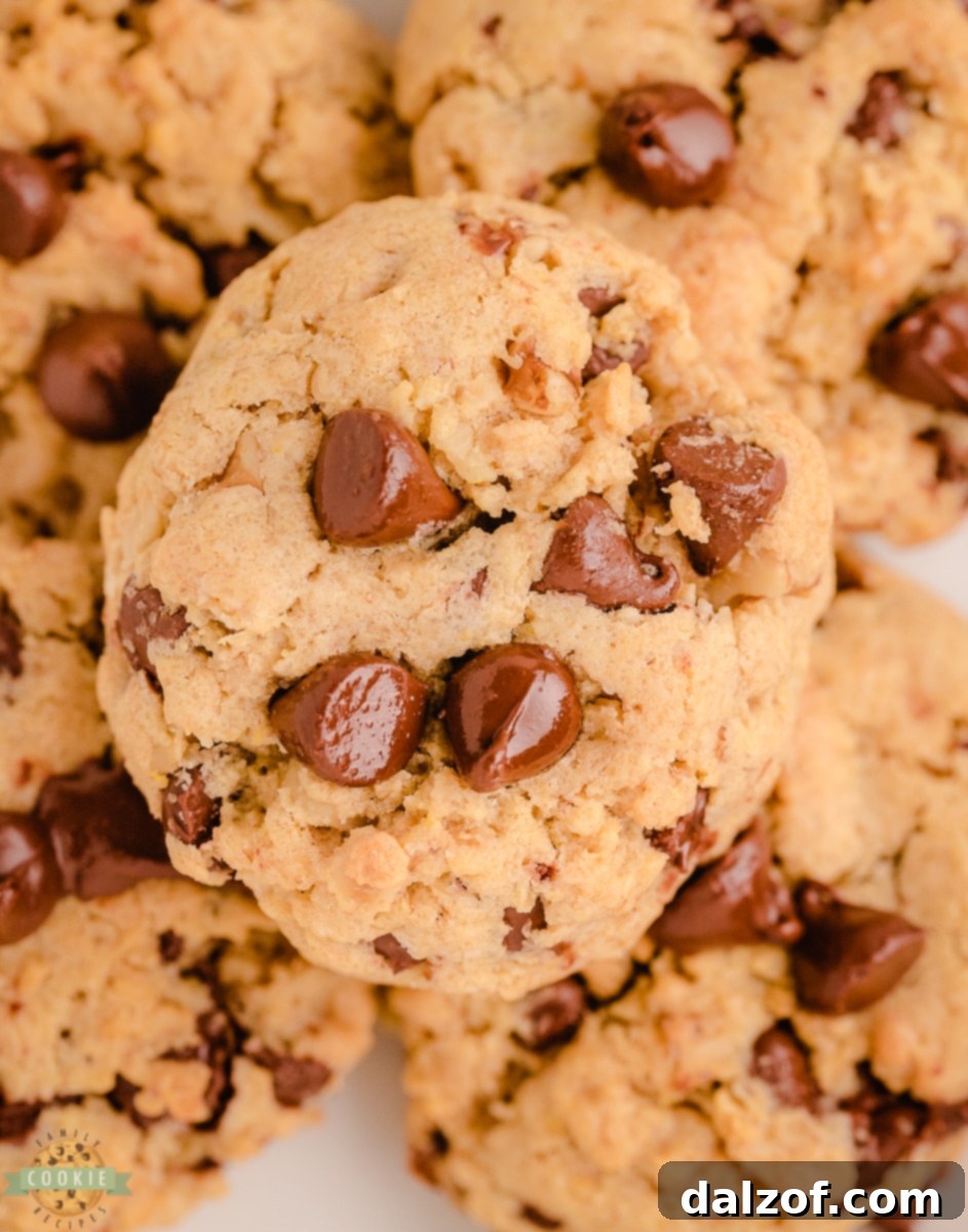 Hearty Oatmeal Walnut Chocolate Chip Delights 3 Close-up of freshly baked oatmeal chocolate chip walnut cookies showing their thick, chewy texture.