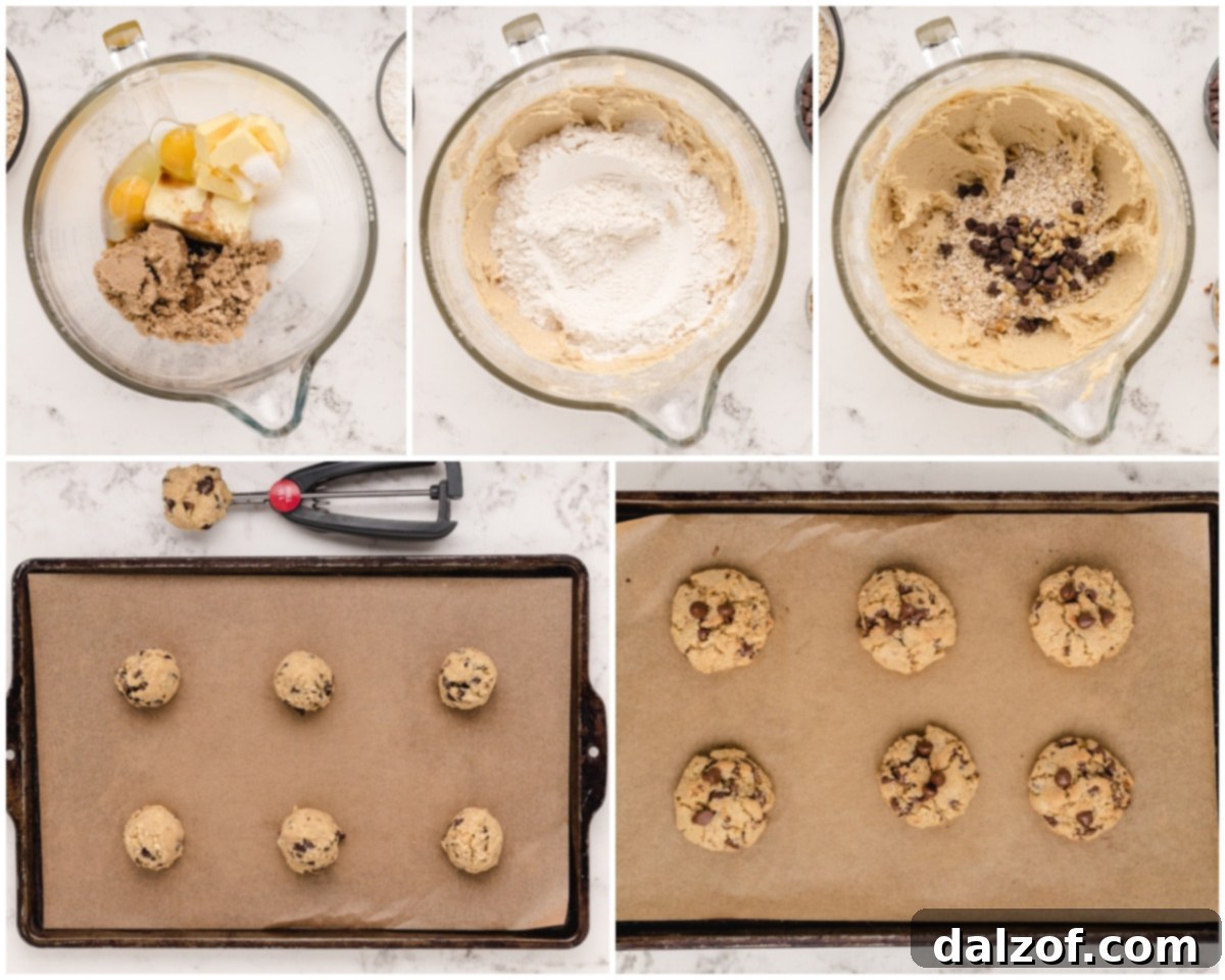 Hearty Oatmeal Walnut Chocolate Chip Delights 5 Step-by-step image showing how to combine ingredients for oatmeal walnut chocolate chip cookies.