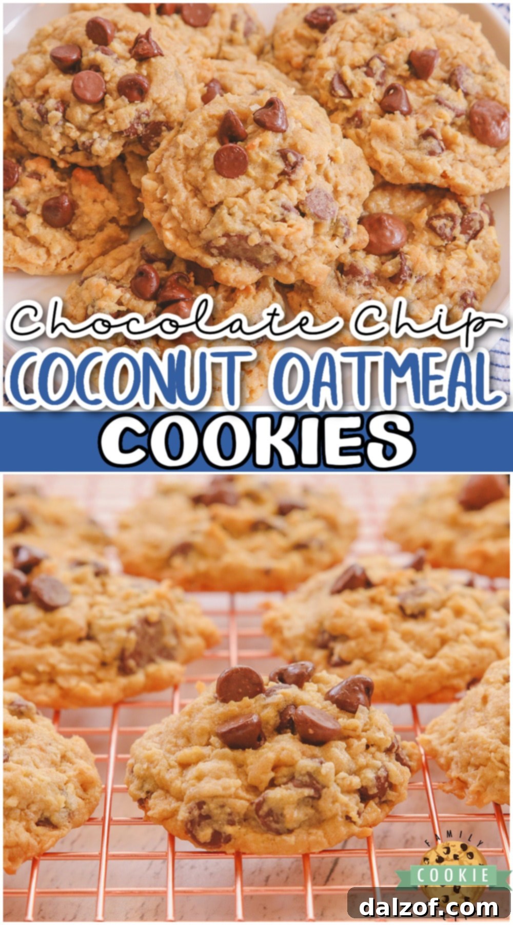 A collage of Chocolate Chip Coconut Oatmeal Cookies, perfect for Pinterest